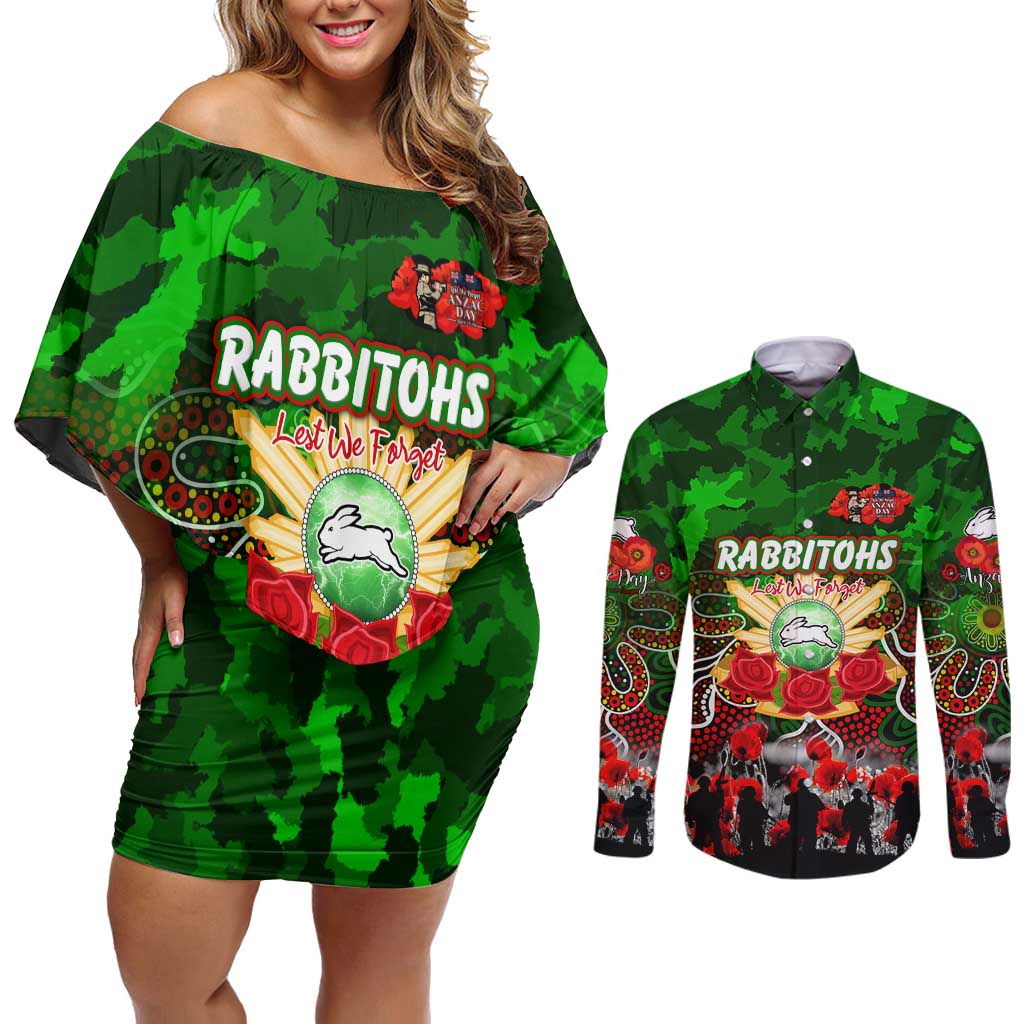 Personalized Rabbitohs ANZAC Day Couples Matching Off Shoulder Short Dress and Long Sleeve Button Shirt Australian Army - Lest We Forget