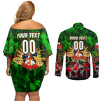 Personalized Rabbitohs ANZAC Day Couples Matching Off Shoulder Short Dress and Long Sleeve Button Shirt Australian Army - Lest We Forget