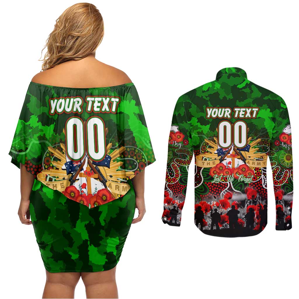 Personalized Rabbitohs ANZAC Day Couples Matching Off Shoulder Short Dress and Long Sleeve Button Shirt Australian Army - Lest We Forget