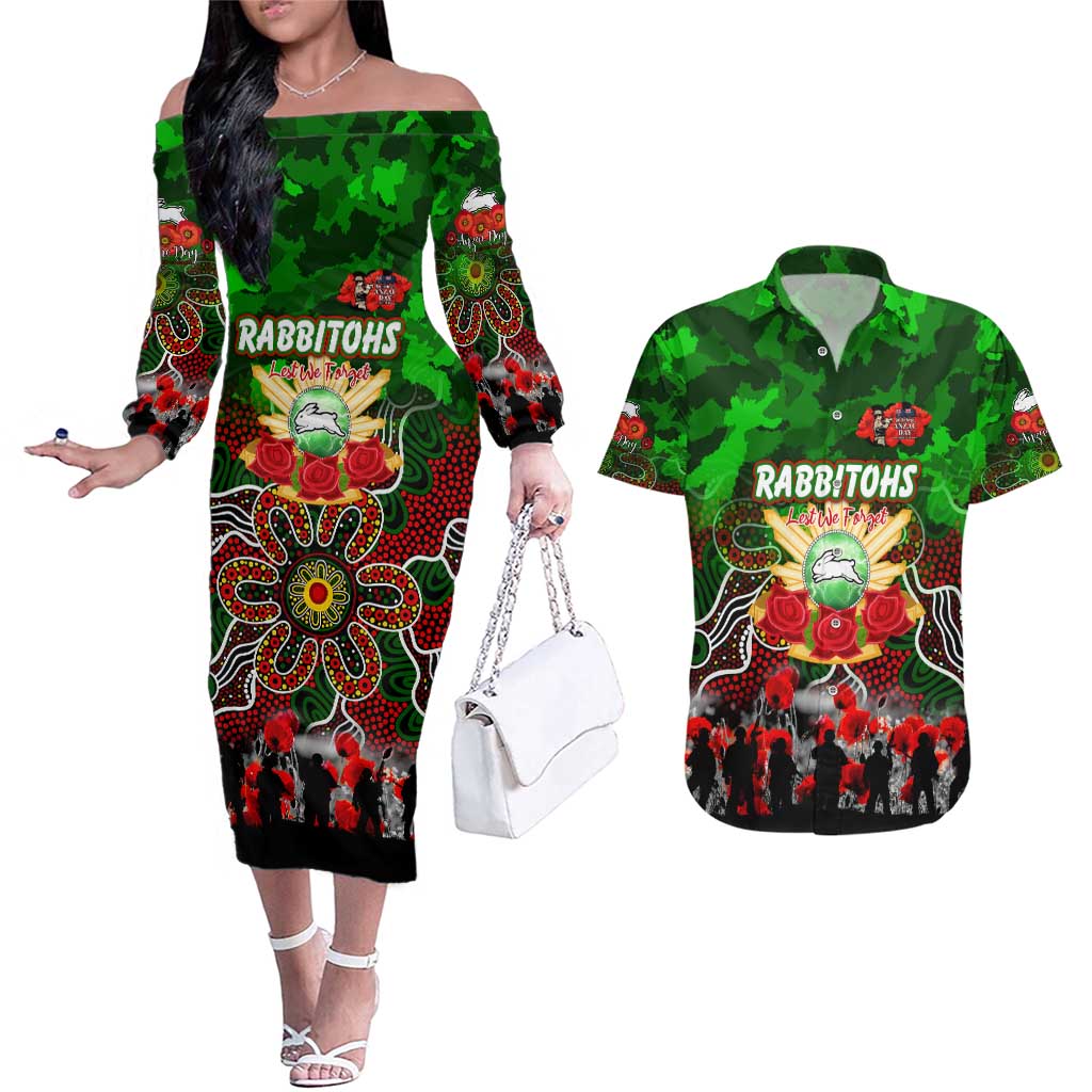 Personalized Rabbitohs ANZAC Day Couples Matching Off The Shoulder Long Sleeve Dress and Hawaiian Shirt Australian Army - Lest We Forget