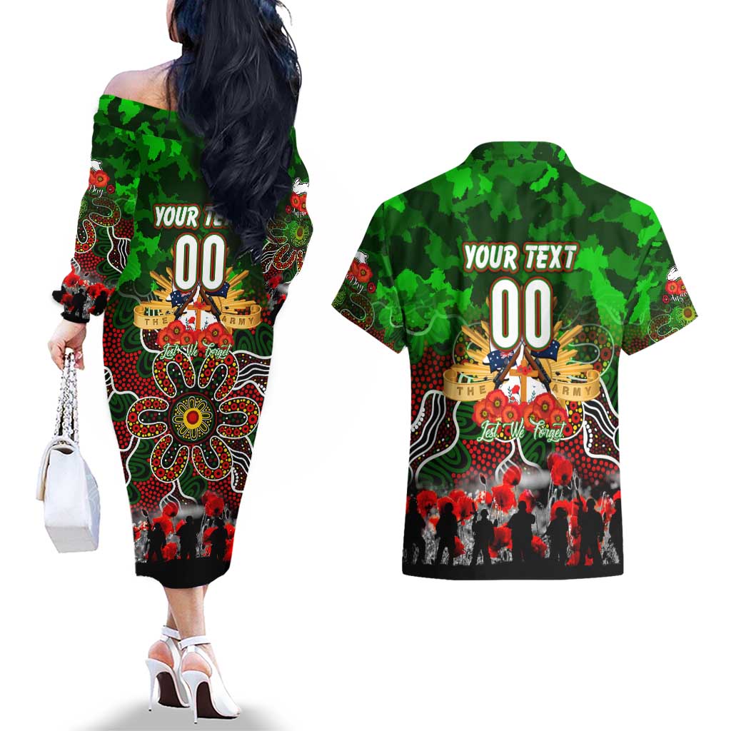 Personalized Rabbitohs ANZAC Day Couples Matching Off The Shoulder Long Sleeve Dress and Hawaiian Shirt Australian Army - Lest We Forget