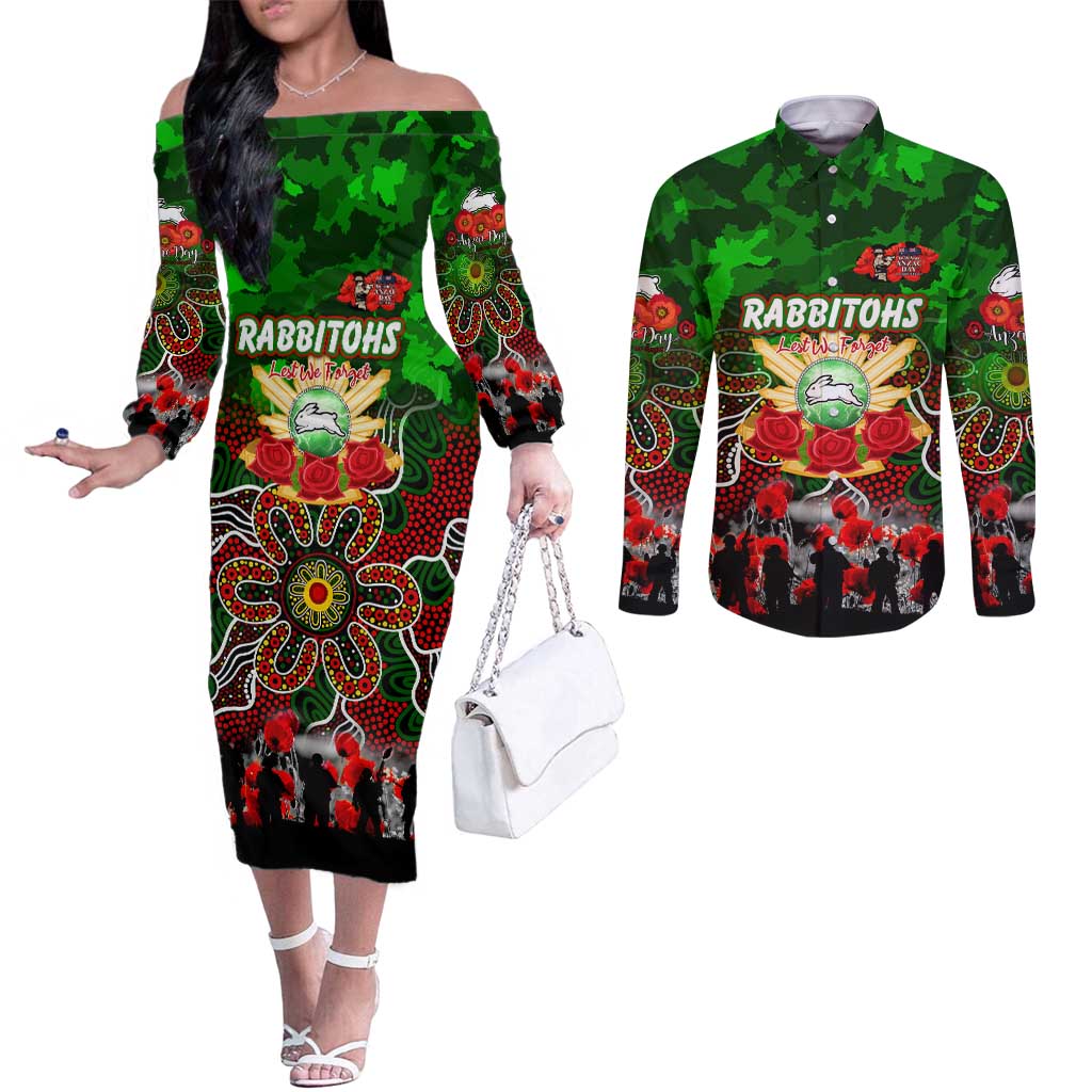Personalized Rabbitohs ANZAC Day Couples Matching Off The Shoulder Long Sleeve Dress and Long Sleeve Button Shirt Australian Army - Lest We Forget