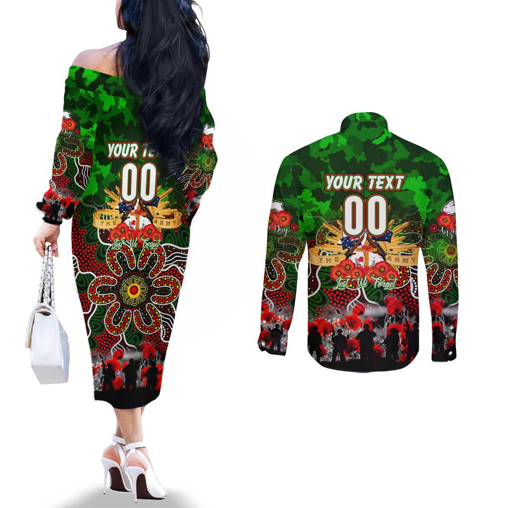 Personalized Rabbitohs ANZAC Day Couples Matching Off The Shoulder Long Sleeve Dress and Long Sleeve Button Shirt Australian Army - Lest We Forget