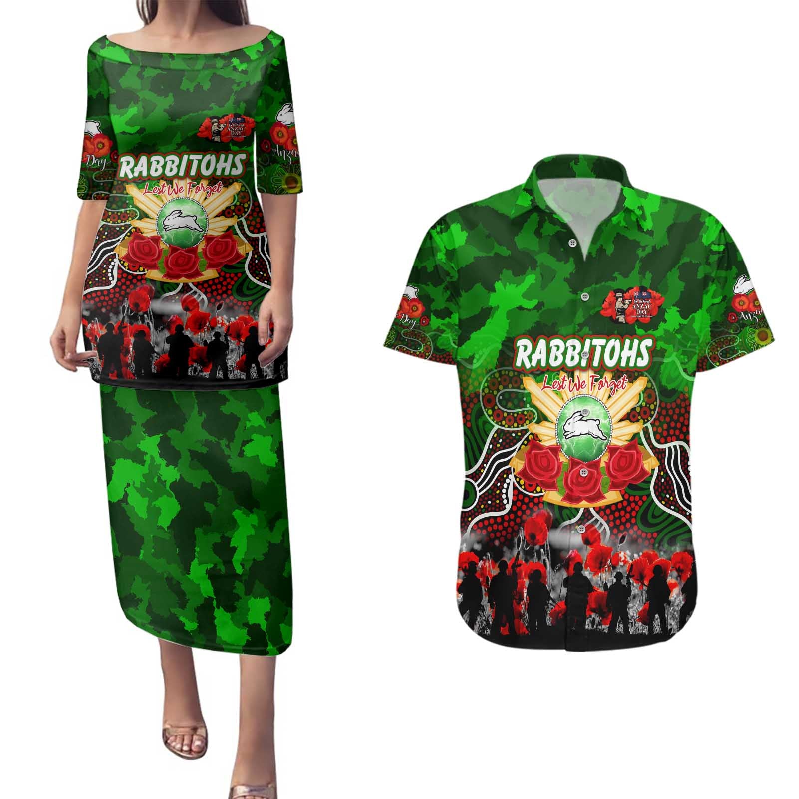 Personalized Rabbitohs ANZAC Day Couples Matching Puletasi and Hawaiian Shirt Australian Army - Lest We Forget