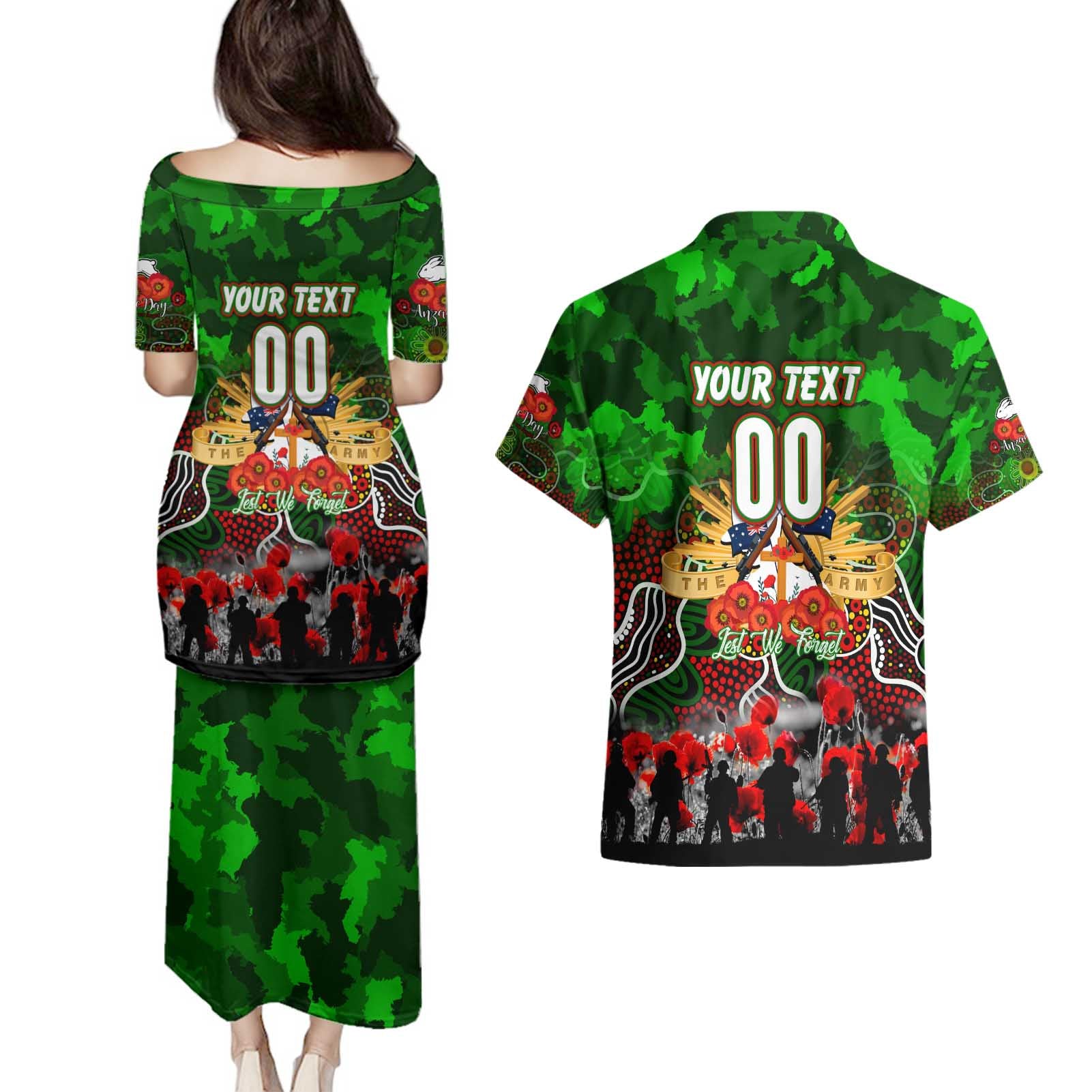 Personalized Rabbitohs ANZAC Day Couples Matching Puletasi and Hawaiian Shirt Australian Army - Lest We Forget