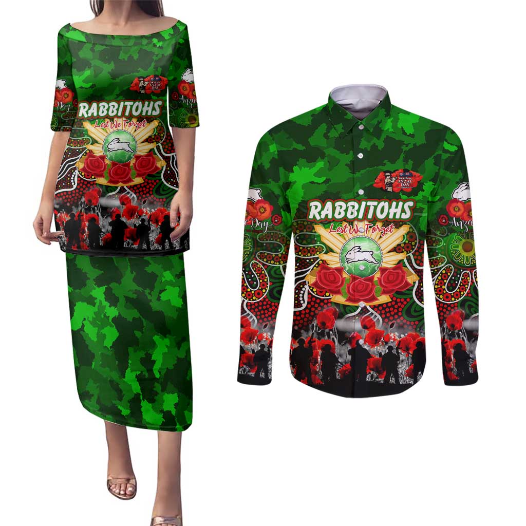 Personalized Rabbitohs ANZAC Day Couples Matching Puletasi and Long Sleeve Button Shirt Australian Army - Lest We Forget