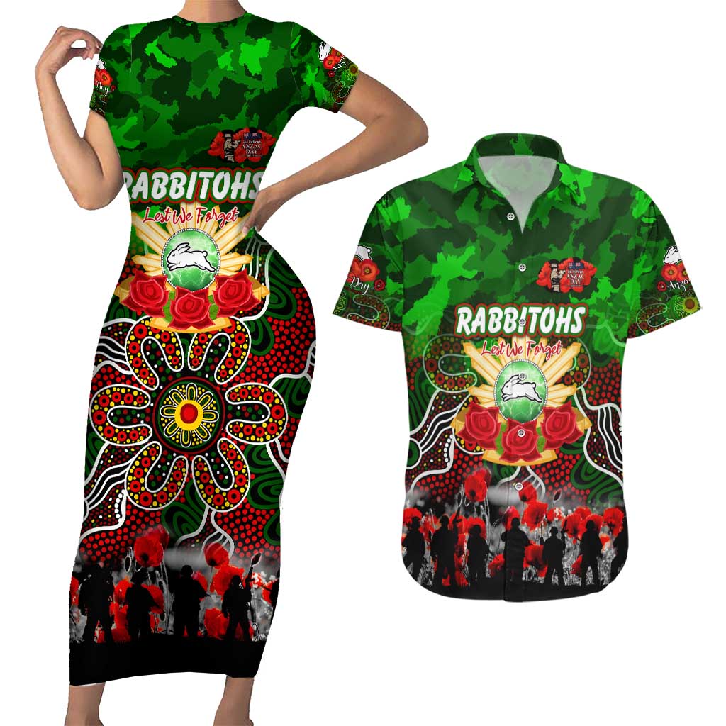 Personalized Rabbitohs ANZAC Day Couples Matching Short Sleeve Bodycon Dress and Hawaiian Shirt Australian Army - Lest We Forget