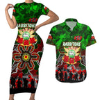 Personalized Rabbitohs ANZAC Day Couples Matching Short Sleeve Bodycon Dress and Hawaiian Shirt Australian Army - Lest We Forget