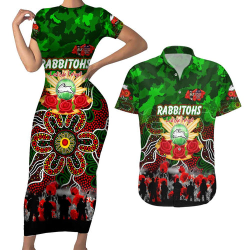 Personalized Rabbitohs ANZAC Day Couples Matching Short Sleeve Bodycon Dress and Hawaiian Shirt Australian Army - Lest We Forget