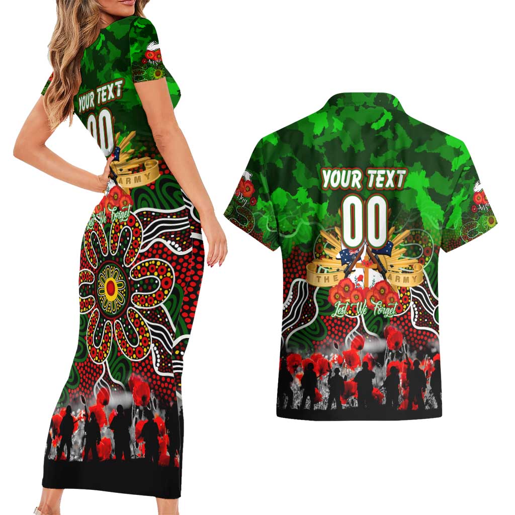 Personalized Rabbitohs ANZAC Day Couples Matching Short Sleeve Bodycon Dress and Hawaiian Shirt Australian Army - Lest We Forget