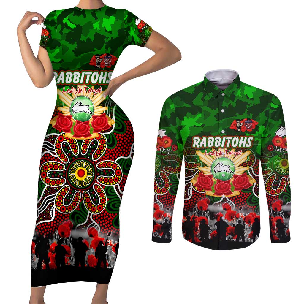 Personalized Rabbitohs ANZAC Day Couples Matching Short Sleeve Bodycon Dress and Long Sleeve Button Shirt Australian Army - Lest We Forget