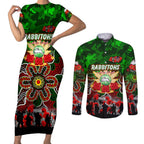 Personalized Rabbitohs ANZAC Day Couples Matching Short Sleeve Bodycon Dress and Long Sleeve Button Shirt Australian Army - Lest We Forget