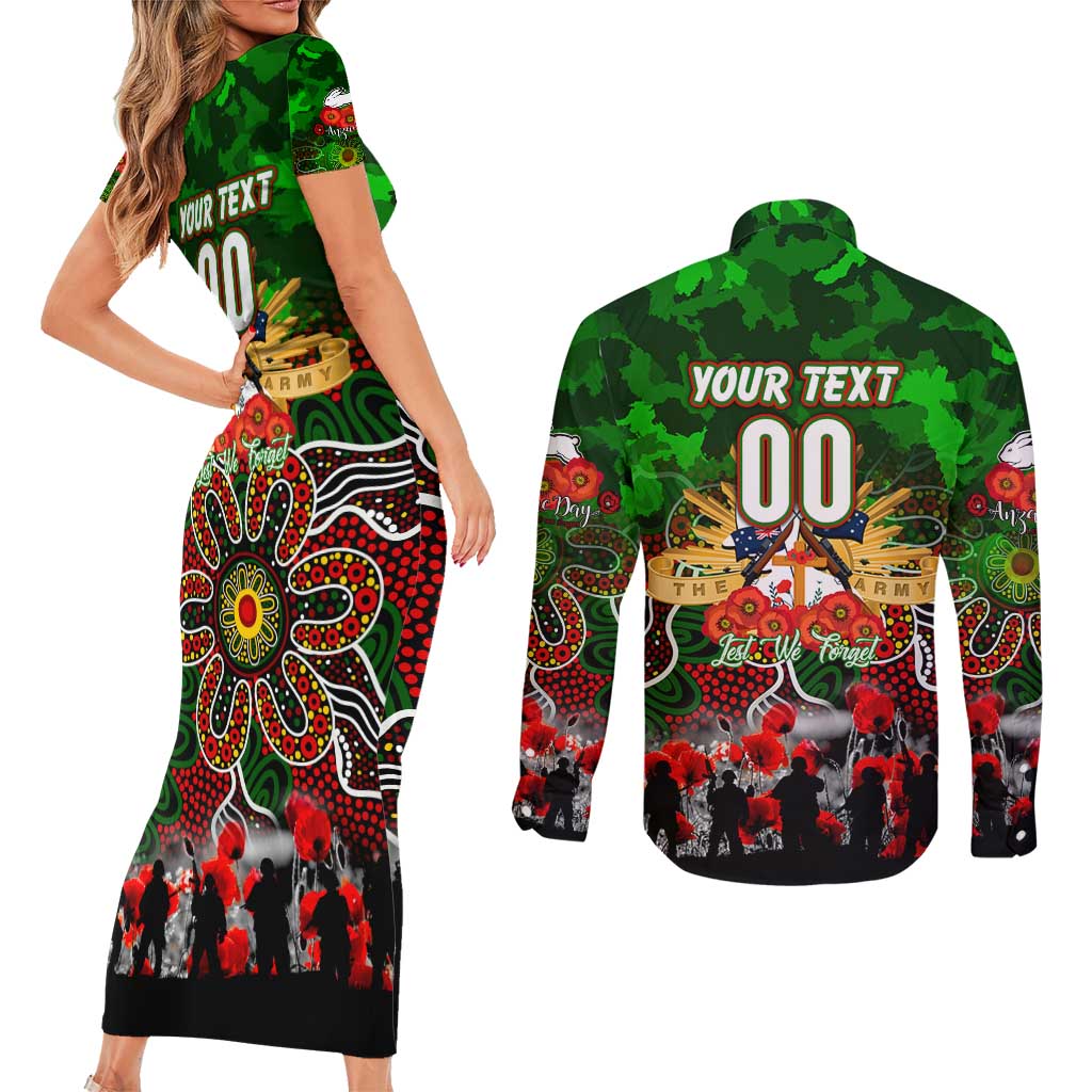 Personalized Rabbitohs ANZAC Day Couples Matching Short Sleeve Bodycon Dress and Long Sleeve Button Shirt Australian Army - Lest We Forget