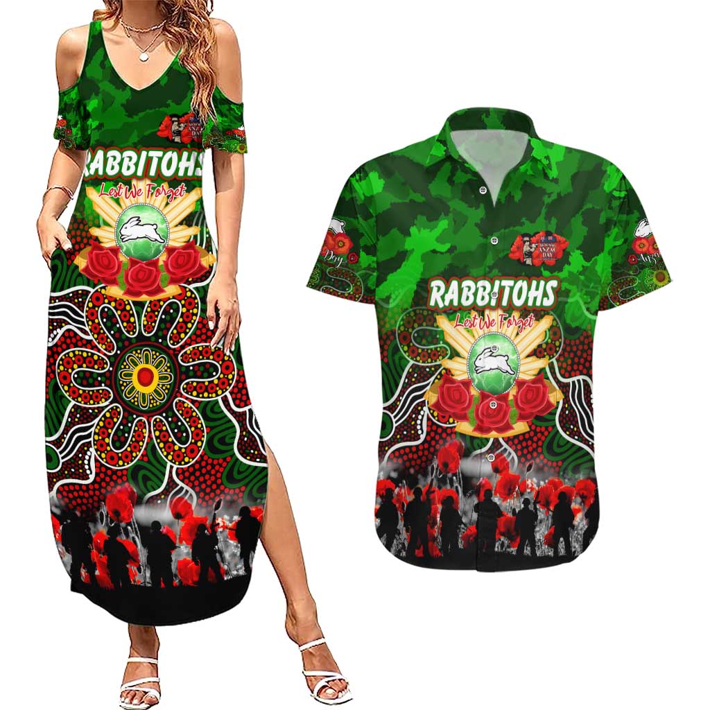Personalized Rabbitohs ANZAC Day Couples Matching Summer Maxi Dress and Hawaiian Shirt Australian Army - Lest We Forget