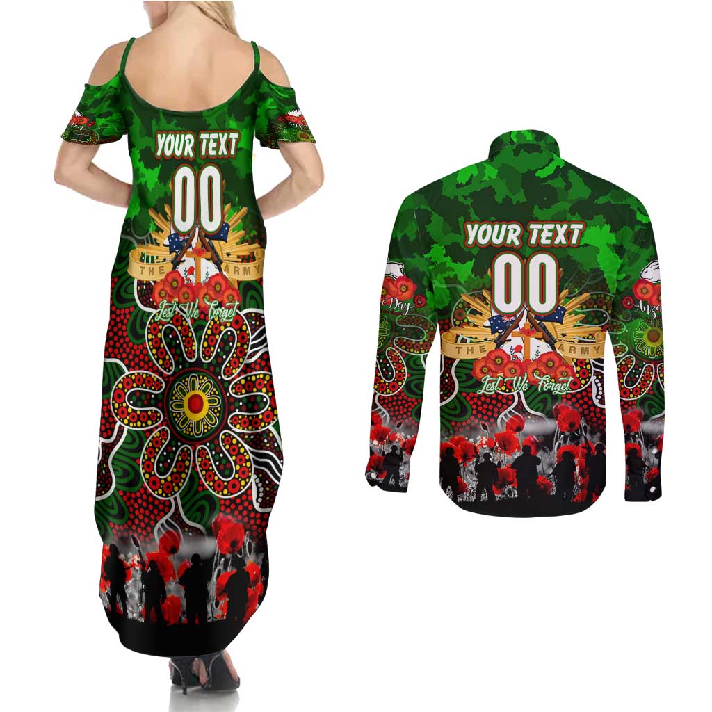 Personalized Rabbitohs ANZAC Day Couples Matching Summer Maxi Dress and Long Sleeve Button Shirt Australian Army - Lest We Forget