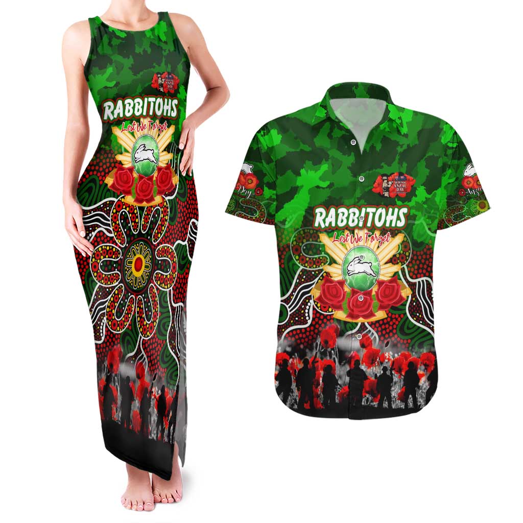 Personalized Rabbitohs ANZAC Day Couples Matching Tank Maxi Dress and Hawaiian Shirt Australian Army - Lest We Forget