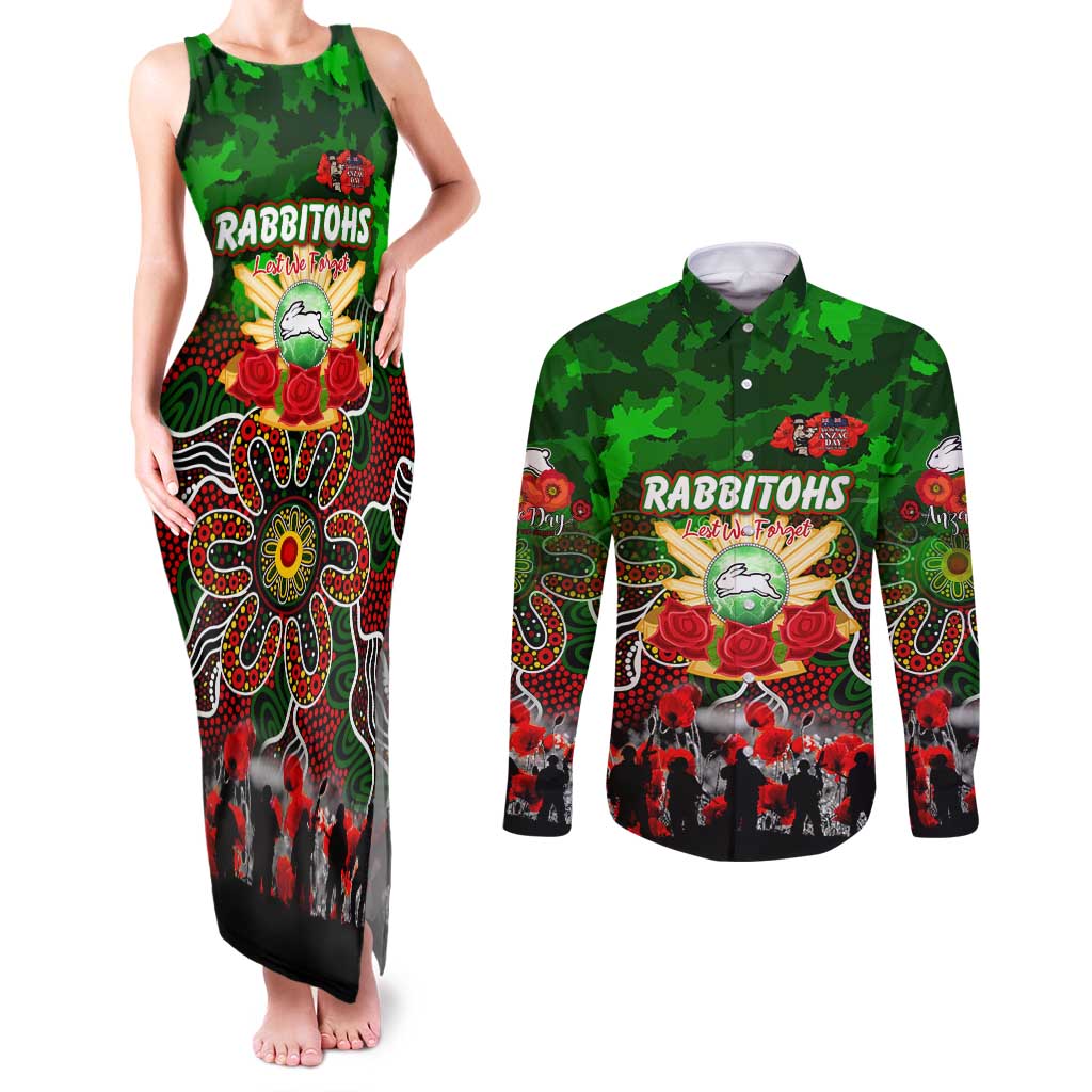 Personalized Rabbitohs ANZAC Day Couples Matching Tank Maxi Dress and Long Sleeve Button Shirt Australian Army - Lest We Forget
