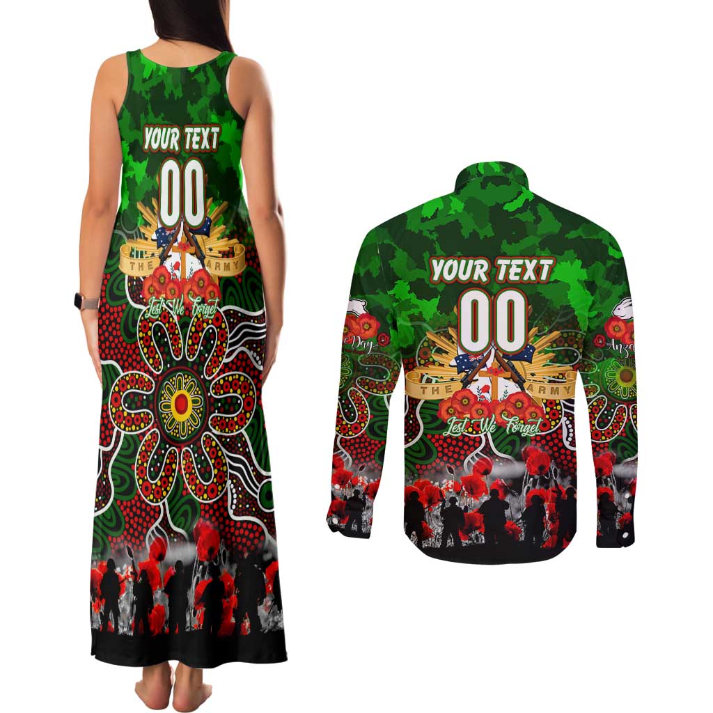 Personalized Rabbitohs ANZAC Day Couples Matching Tank Maxi Dress and Long Sleeve Button Shirt Australian Army - Lest We Forget