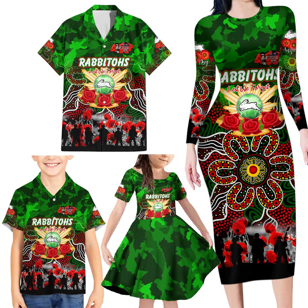 Personalized Rabbitohs ANZAC Day Family Matching Long Sleeve Bodycon Dress and Hawaiian Shirt Australian Army - Lest We Forget
