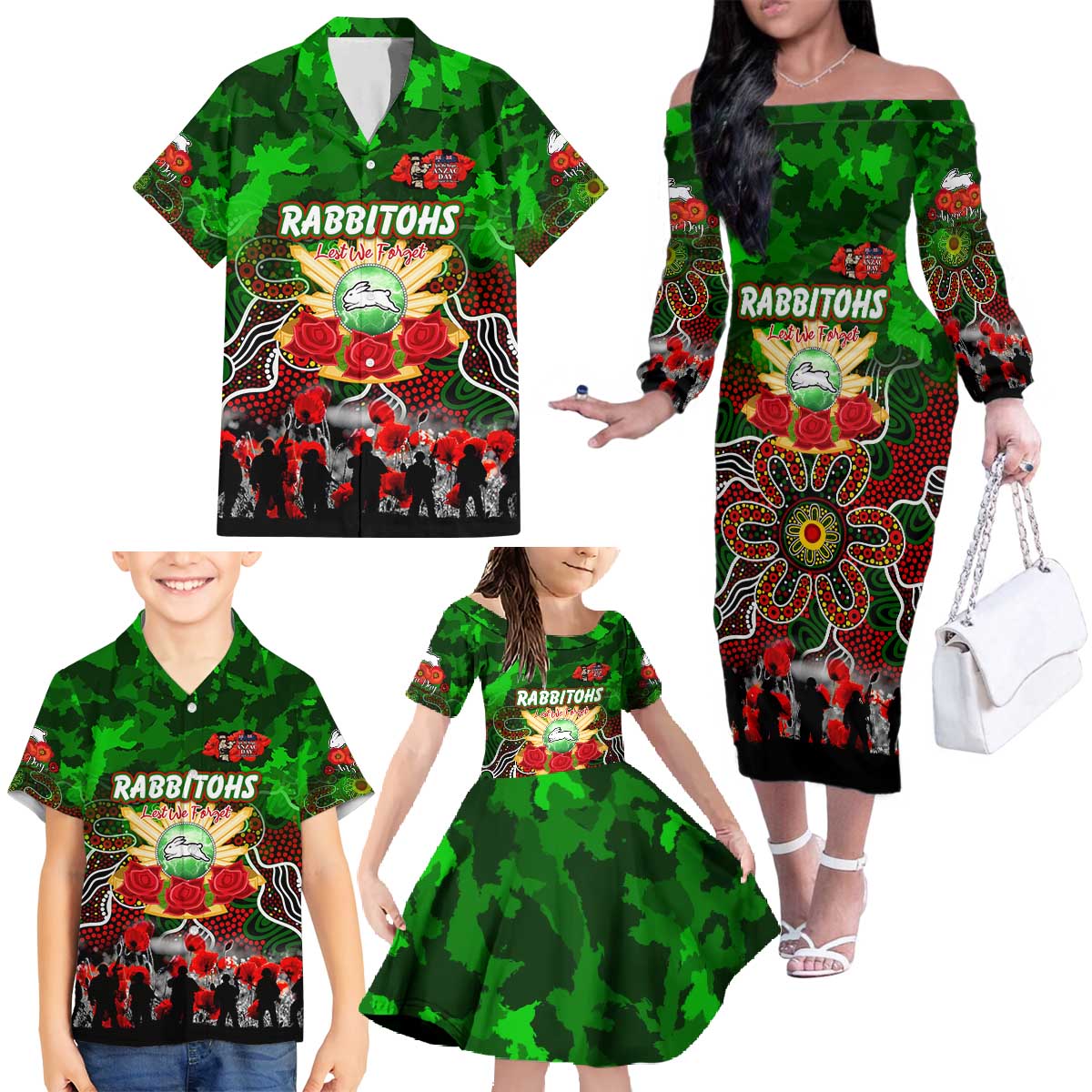 Personalized Rabbitohs ANZAC Day Family Matching Off The Shoulder Long Sleeve Dress and Hawaiian Shirt Australian Army - Lest We Forget