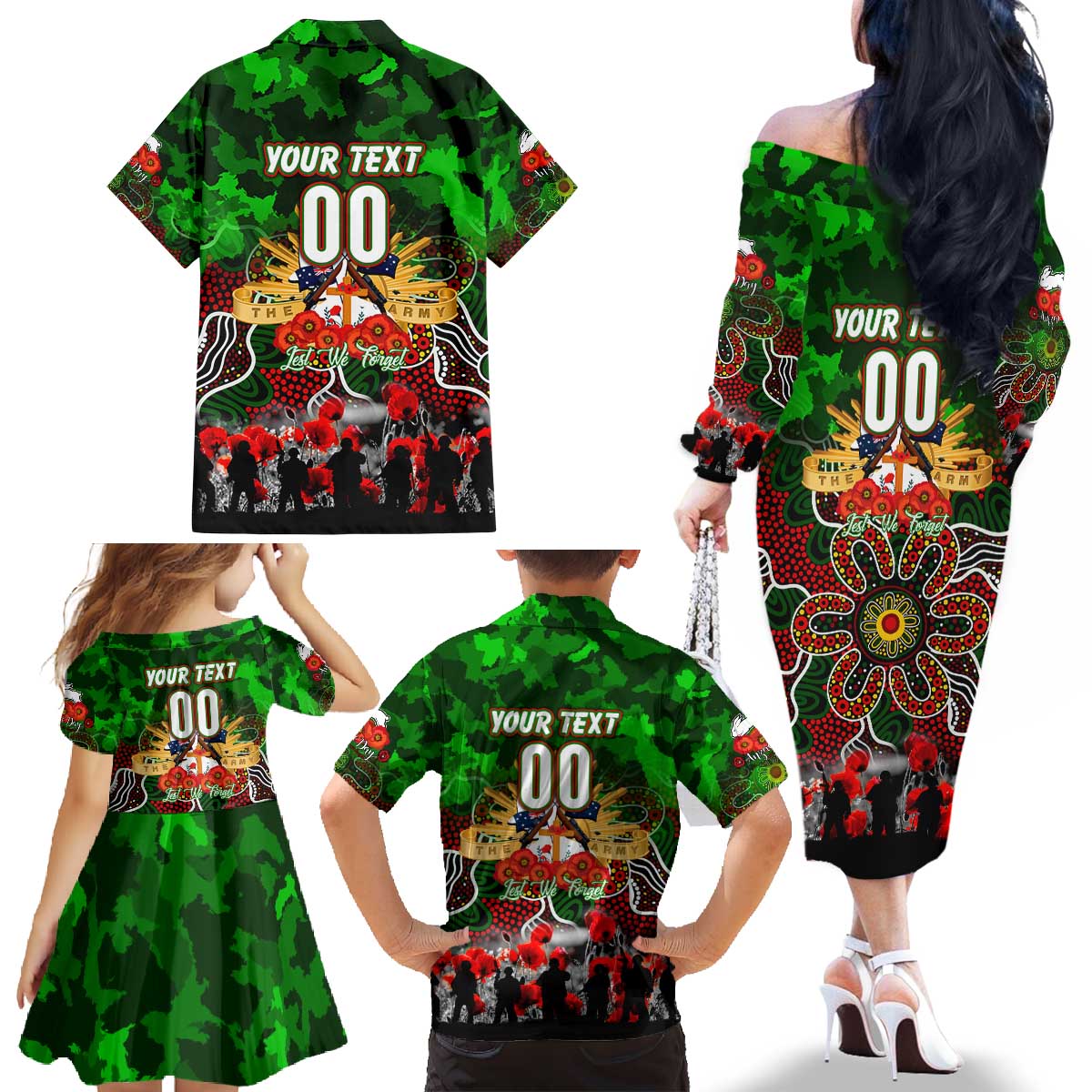 Personalized Rabbitohs ANZAC Day Family Matching Off The Shoulder Long Sleeve Dress and Hawaiian Shirt Australian Army - Lest We Forget