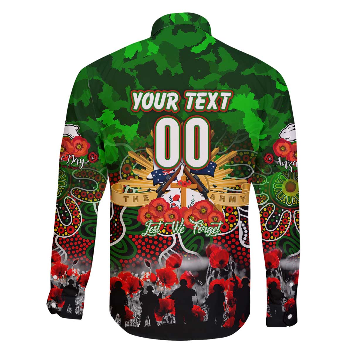 Personalized Rabbitohs ANZAC Day Family Matching Off The Shoulder Long Sleeve Dress and Hawaiian Shirt Australian Army - Lest We Forget