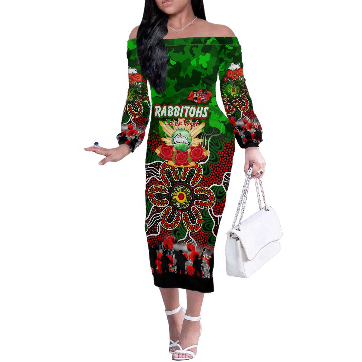 Personalized Rabbitohs ANZAC Day Family Matching Off The Shoulder Long Sleeve Dress and Hawaiian Shirt Australian Army - Lest We Forget