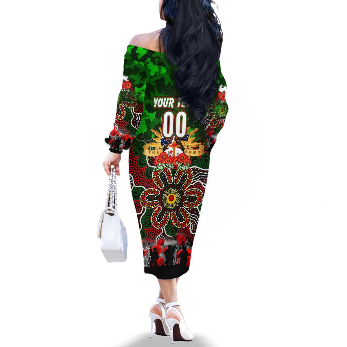Personalized Rabbitohs ANZAC Day Family Matching Off The Shoulder Long Sleeve Dress and Hawaiian Shirt Australian Army - Lest We Forget