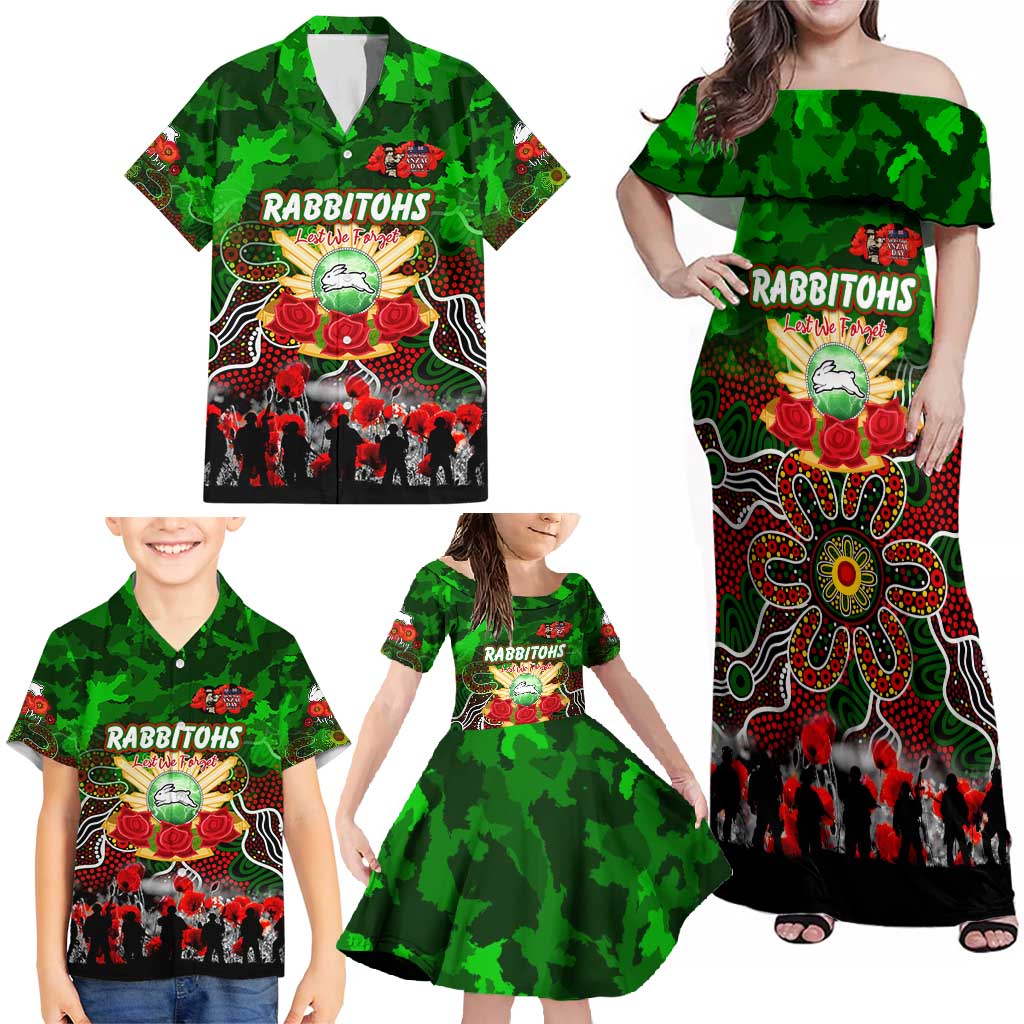 Personalized Rabbitohs ANZAC Day Family Matching Off Shoulder Maxi Dress and Hawaiian Shirt Australian Army - Lest We Forget