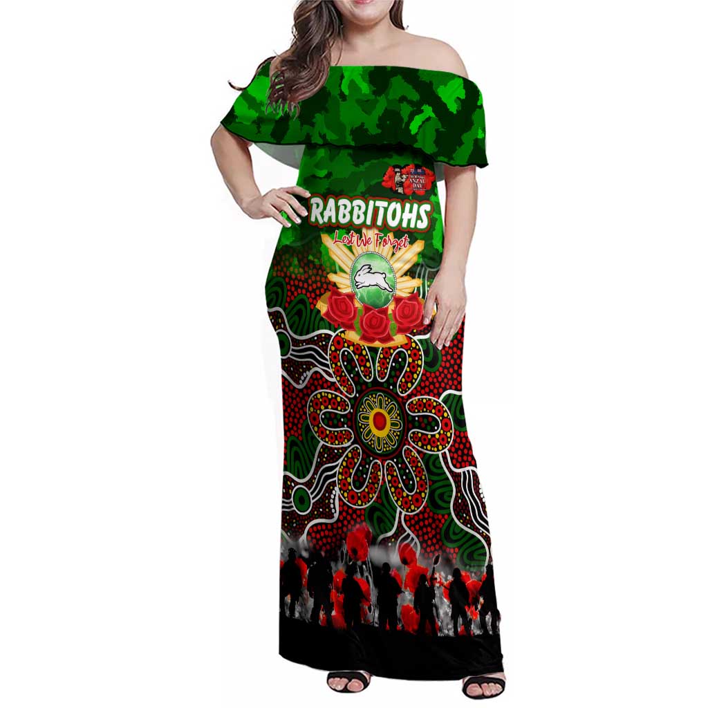 Personalized Rabbitohs ANZAC Day Family Matching Off Shoulder Maxi Dress and Hawaiian Shirt Australian Army - Lest We Forget