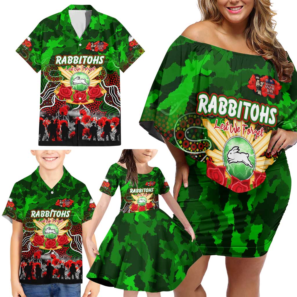 Personalized Rabbitohs ANZAC Day Family Matching Off Shoulder Short Dress and Hawaiian Shirt Australian Army - Lest We Forget
