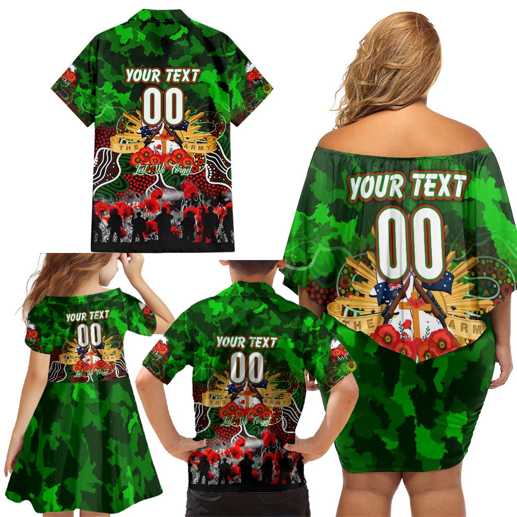 Personalized Rabbitohs ANZAC Day Family Matching Off Shoulder Short Dress and Hawaiian Shirt Australian Army - Lest We Forget