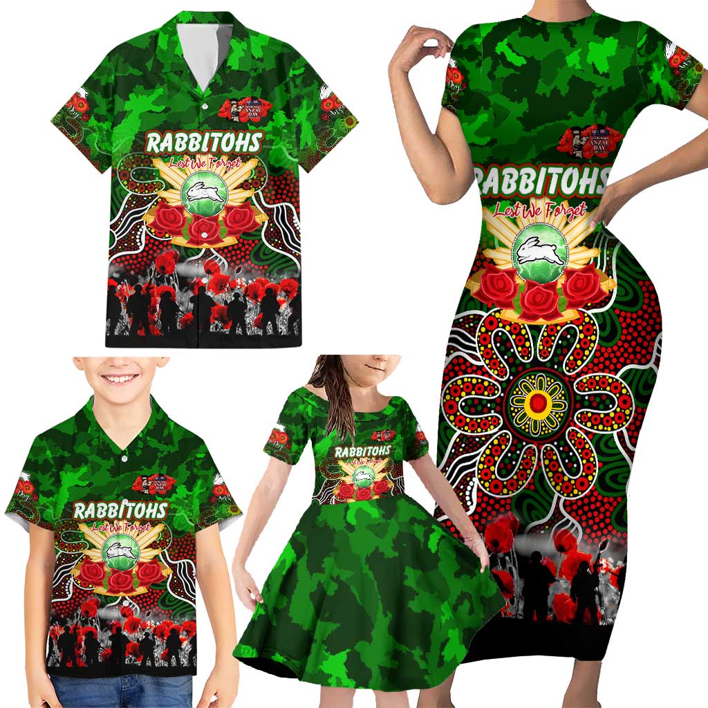 Personalized Rabbitohs ANZAC Day Family Matching Short Sleeve Bodycon Dress and Hawaiian Shirt Australian Army - Lest We Forget