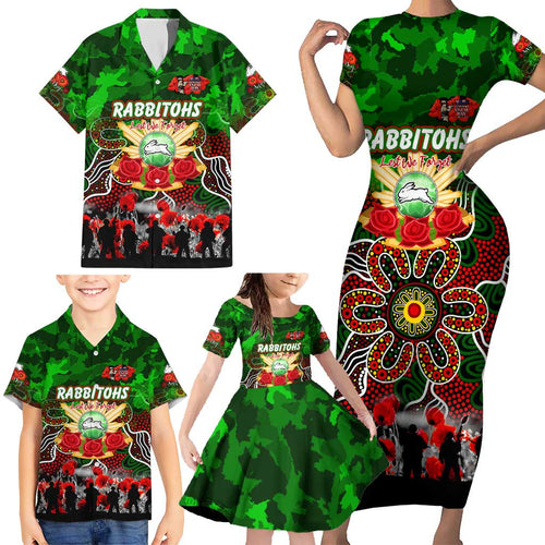 Personalized Rabbitohs ANZAC Day Family Matching Short Sleeve Bodycon Dress and Hawaiian Shirt Australian Army - Lest We Forget