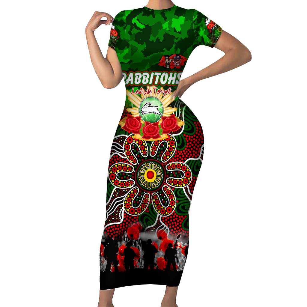 Personalized Rabbitohs ANZAC Day Family Matching Short Sleeve Bodycon Dress and Hawaiian Shirt Australian Army - Lest We Forget