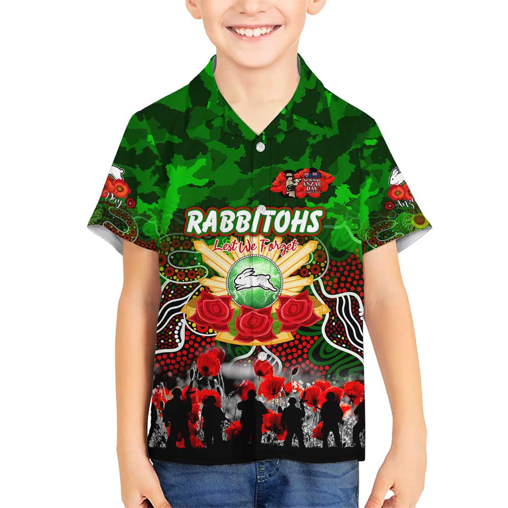 Personalized Rabbitohs ANZAC Day Family Matching Short Sleeve Bodycon Dress and Hawaiian Shirt Australian Army - Lest We Forget