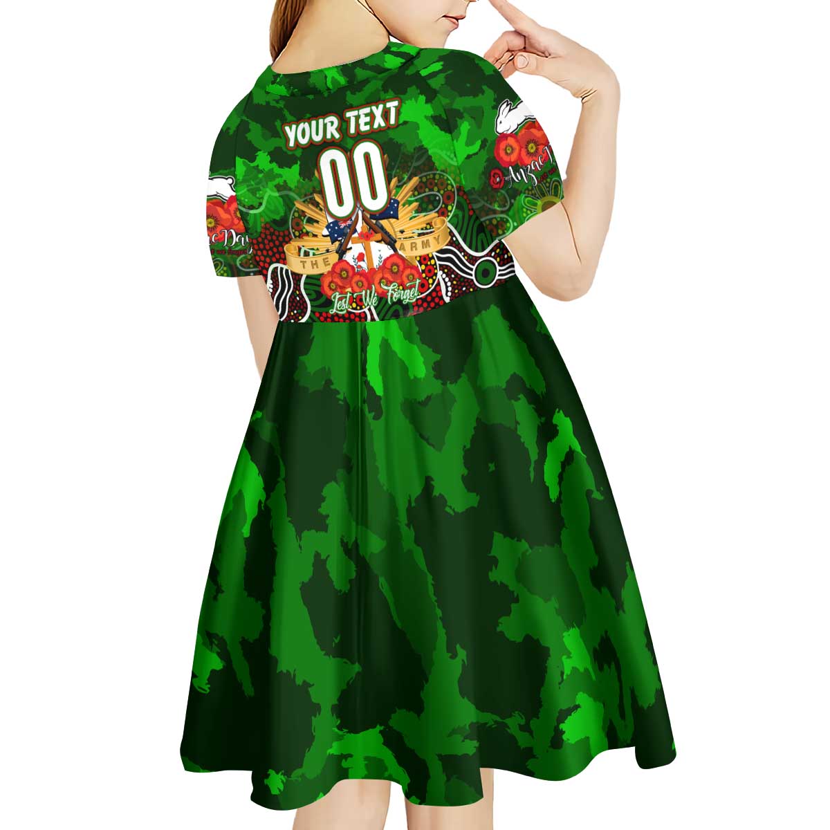 Personalized Rabbitohs ANZAC Day Kid Short Sleeve Dress Australian Army - Lest We Forget