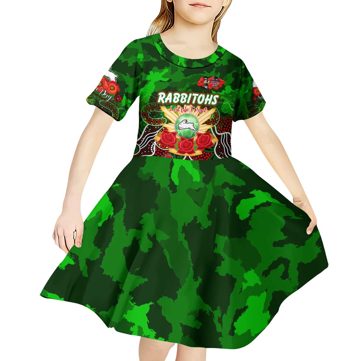 Personalized Rabbitohs ANZAC Day Kid Short Sleeve Dress Australian Army - Lest We Forget