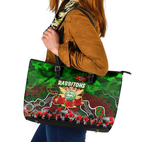 Rabbitohs ANZAC Day Leather Tote Bag Australian Army - Lest We Forget