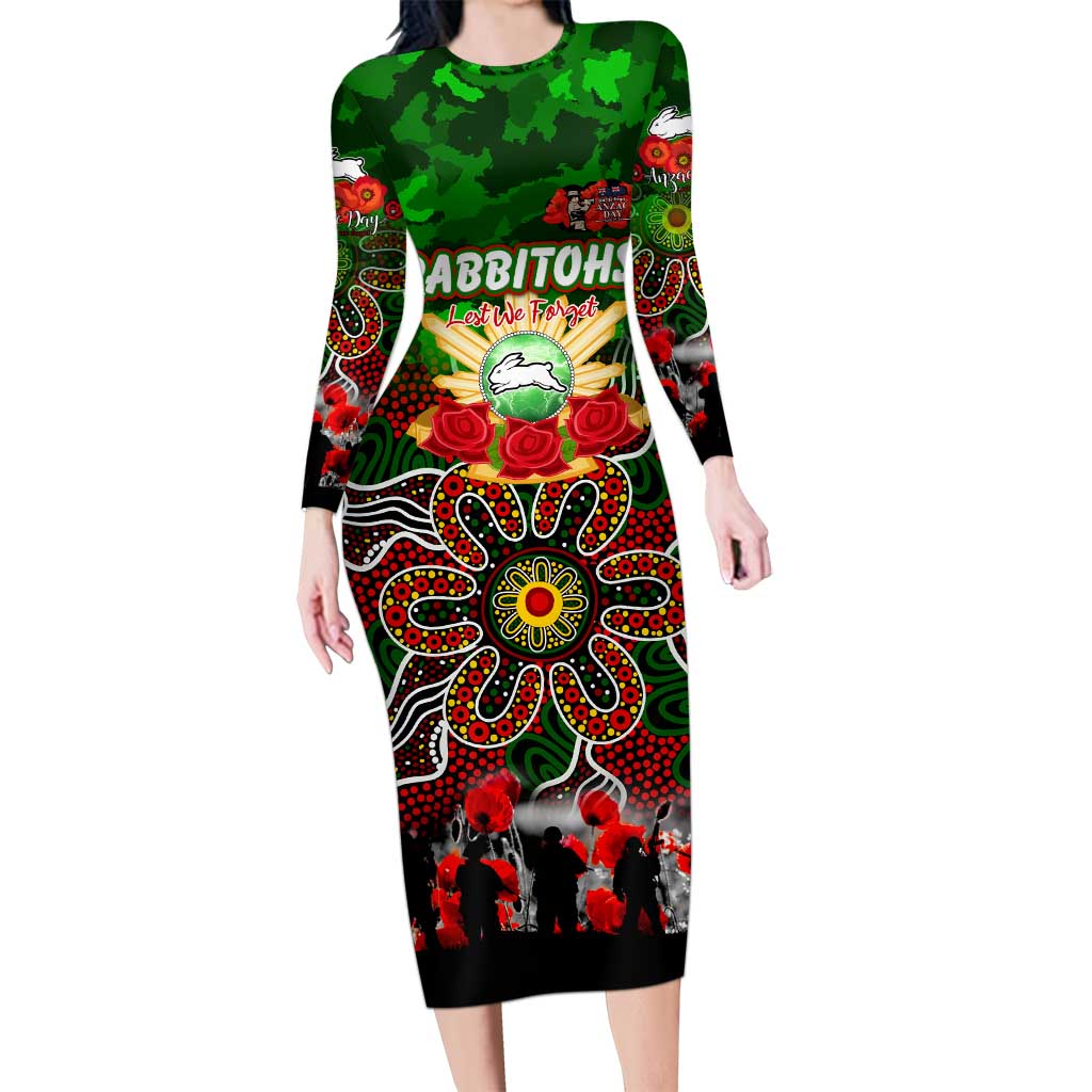 Personalized Rabbitohs ANZAC Day Long Sleeve Bodycon Dress Australian Army - Lest We Forget