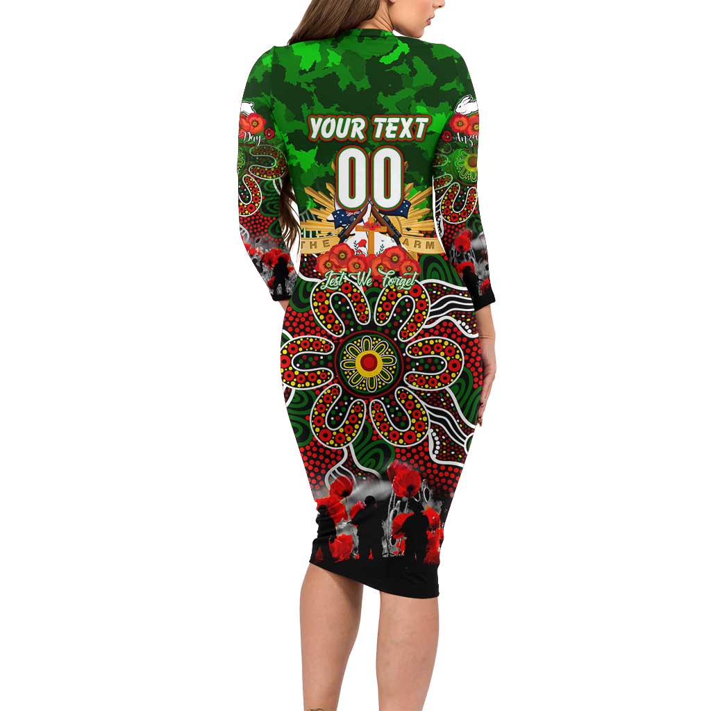 Personalized Rabbitohs ANZAC Day Long Sleeve Bodycon Dress Australian Army - Lest We Forget