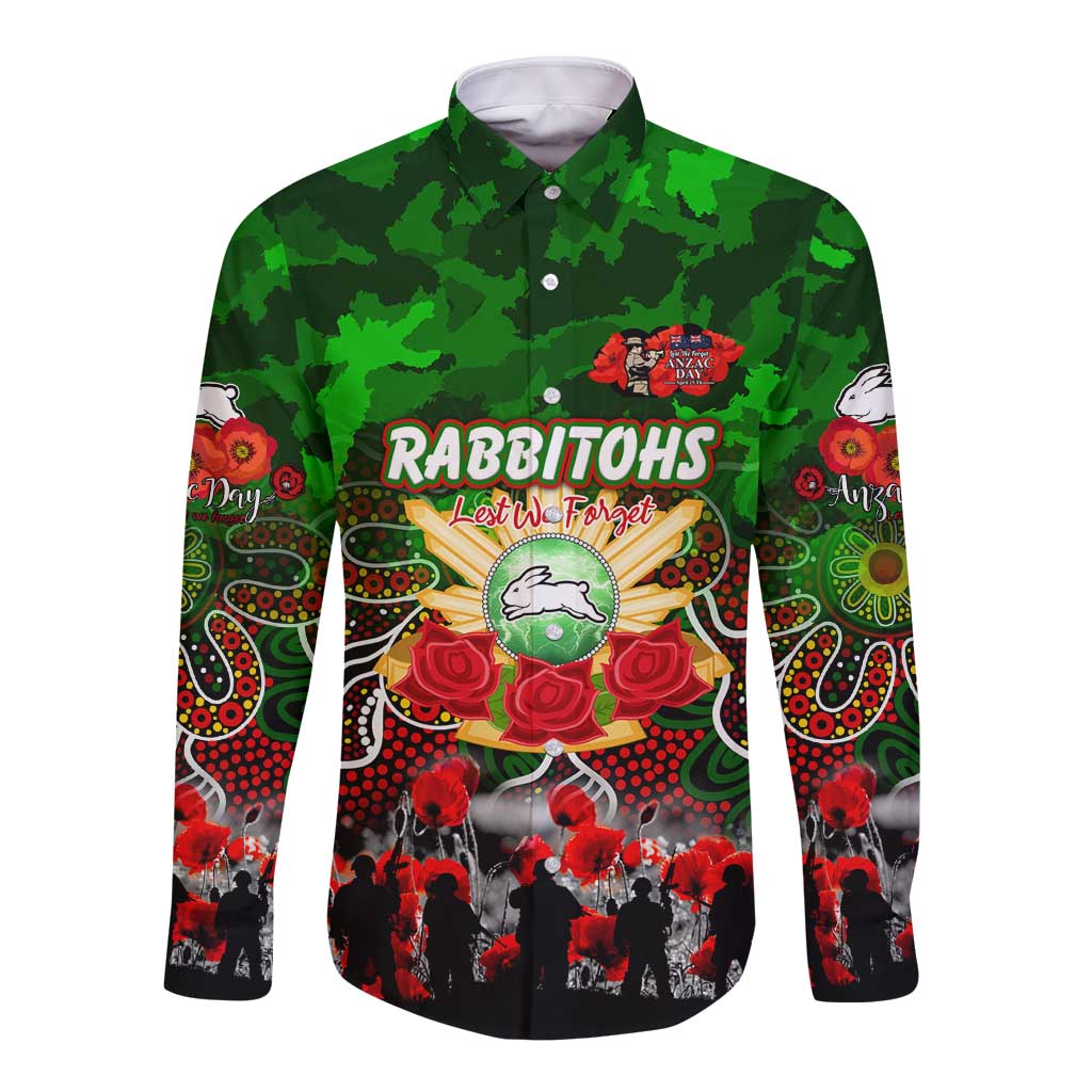 Personalized Rabbitohs ANZAC Day Long Sleeve Button Shirt Australian Army - Lest We Forget