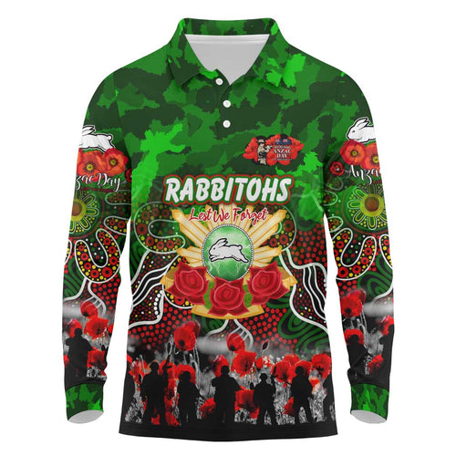 Personalized Rabbitohs ANZAC Day Long Sleeve Polo Shirt Australian Army - Lest We Forget