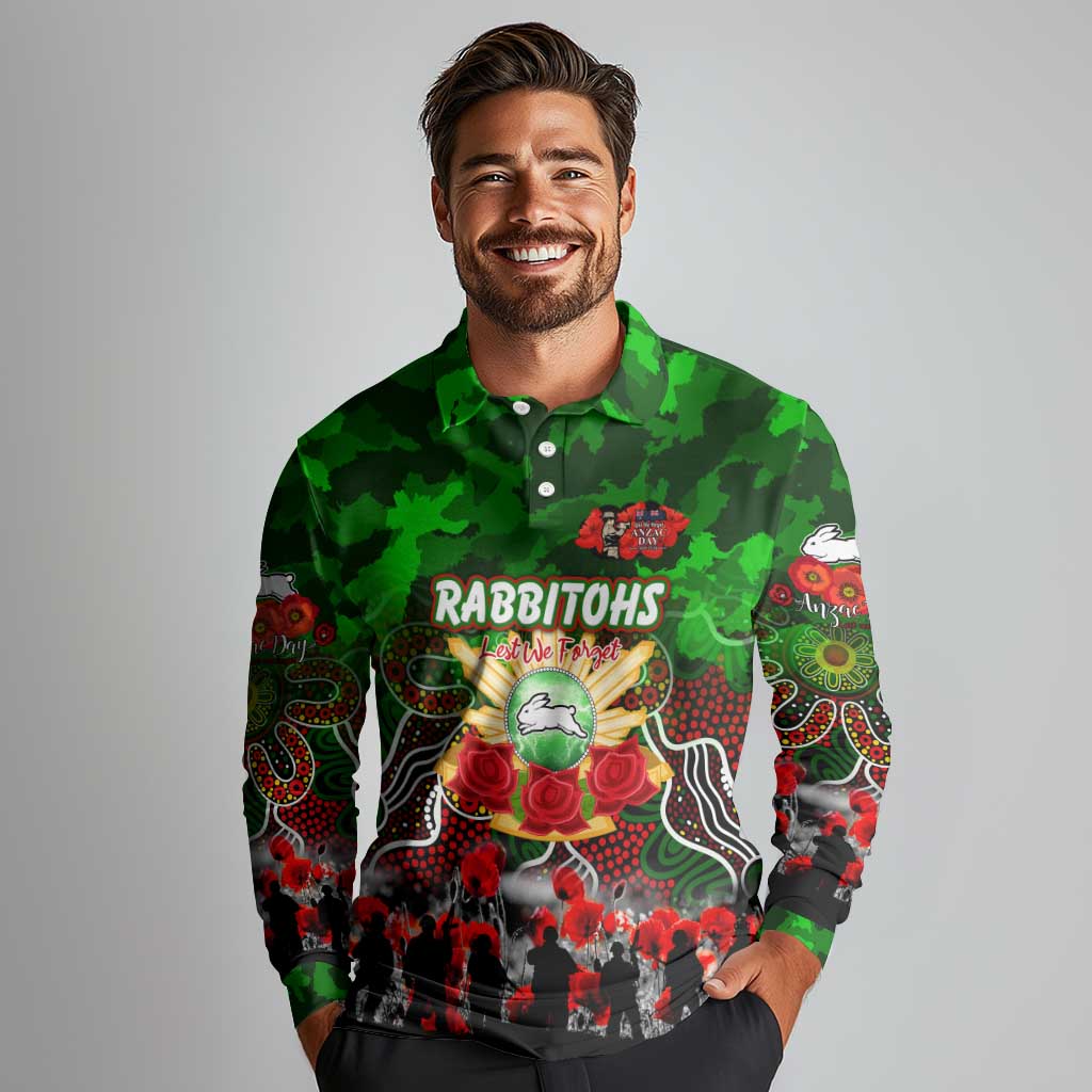 Personalized Rabbitohs ANZAC Day Long Sleeve Polo Shirt Australian Army - Lest We Forget