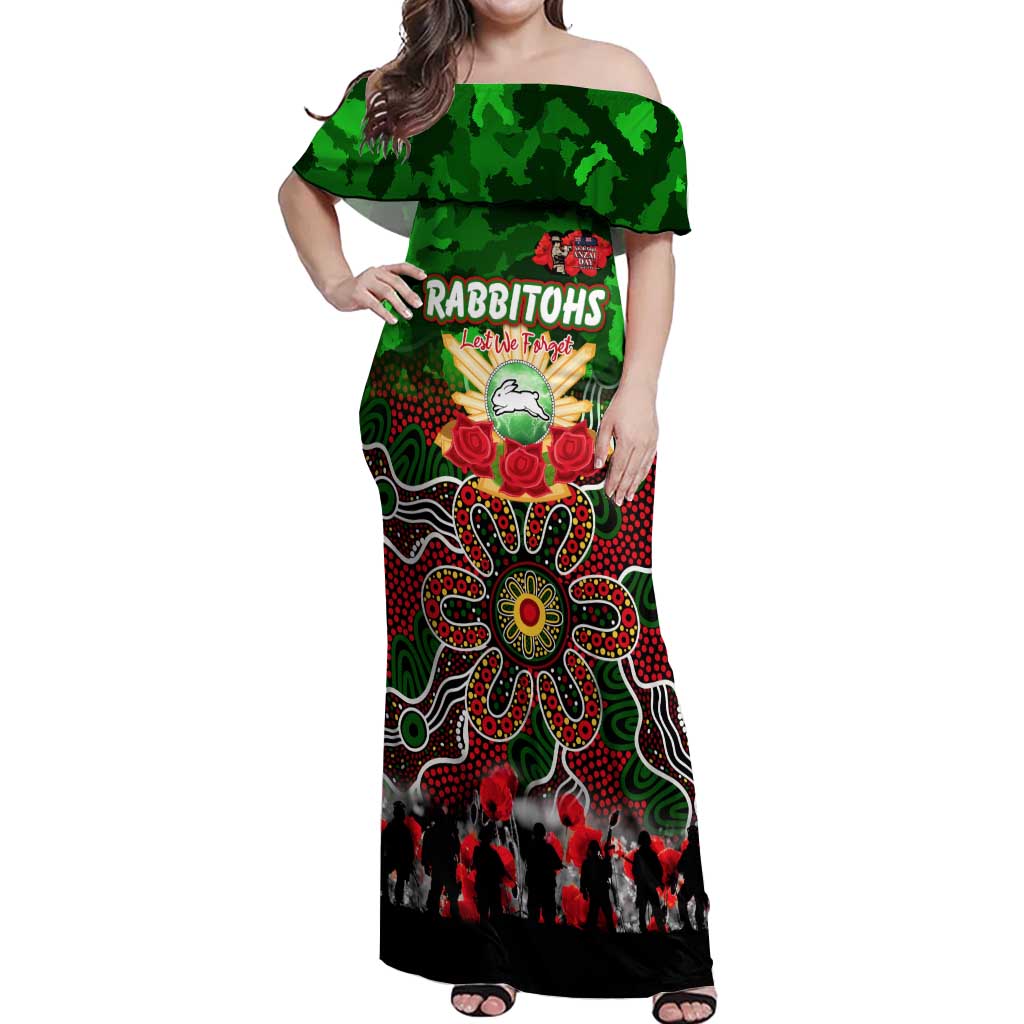 Personalized Rabbitohs ANZAC Day Off Shoulder Maxi Dress Australian Army - Lest We Forget