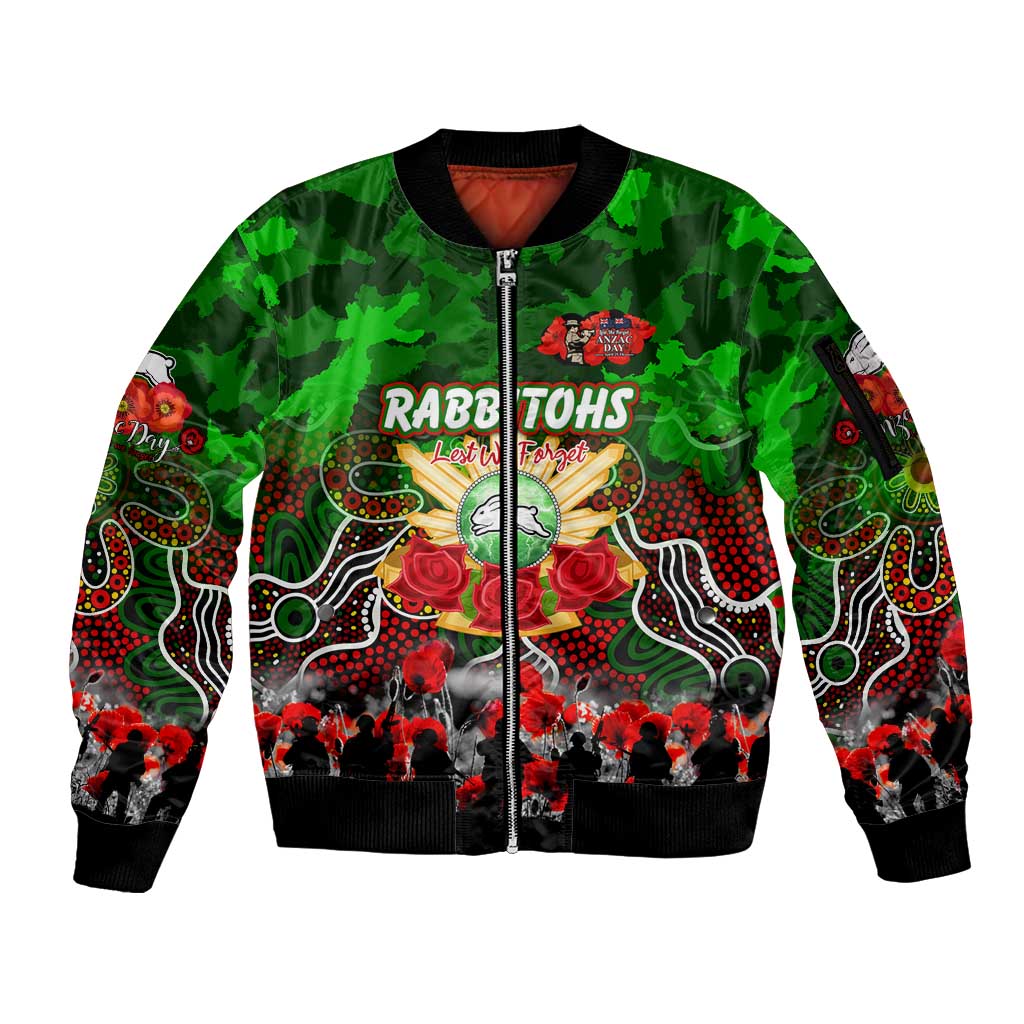 Personalized Rabbitohs ANZAC Day Sleeve Zip Bomber Jacket Australian Army - Lest We Forget