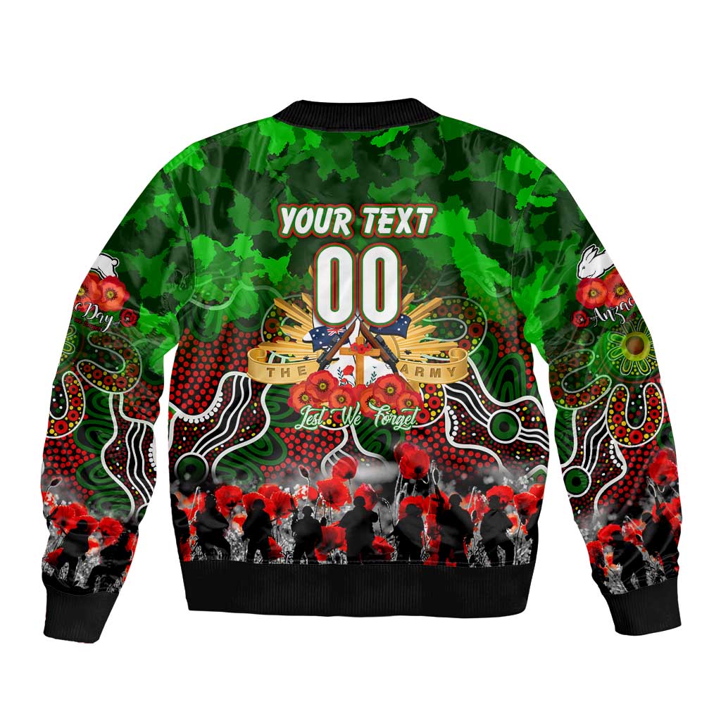 Personalized Rabbitohs ANZAC Day Sleeve Zip Bomber Jacket Australian Army - Lest We Forget