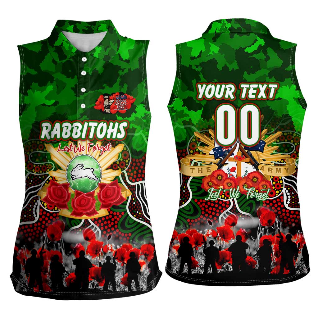 Personalized Rabbitohs ANZAC Day Women Sleeveless Polo Shirt Australian Army - Lest We Forget