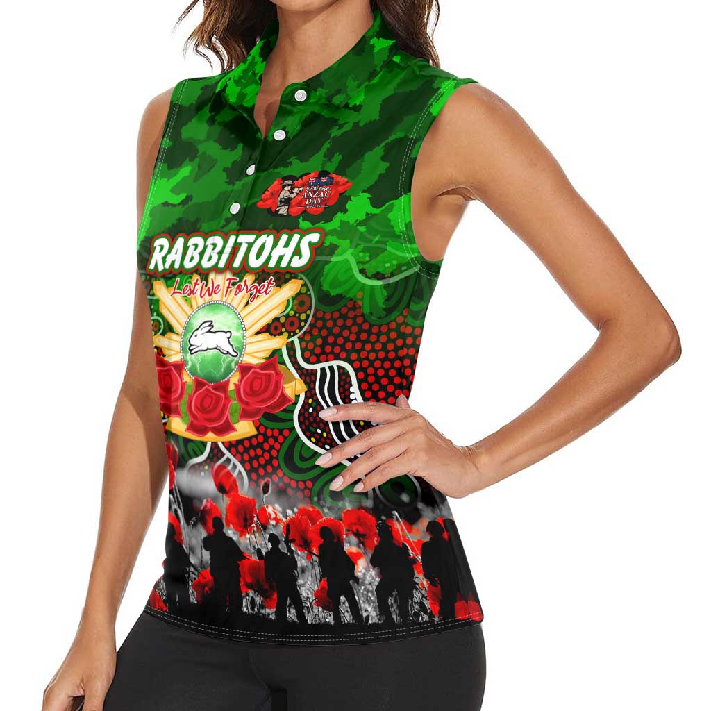 Personalized Rabbitohs ANZAC Day Women Sleeveless Polo Shirt Australian Army - Lest We Forget