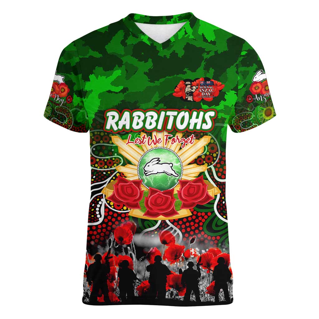 Personalized Rabbitohs ANZAC Day Women V-Neck T-Shirt Australian Army - Lest We Forget
